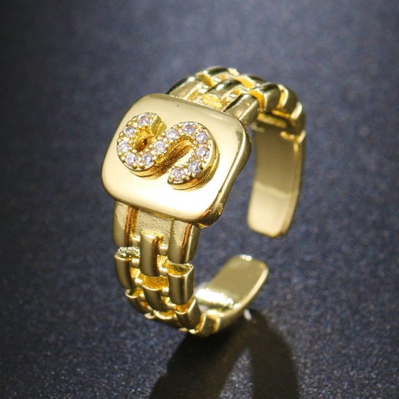 Letter‎ S 18K Gold Plated Watchband Zircon Adjustable Ring - Picture 1 of 7